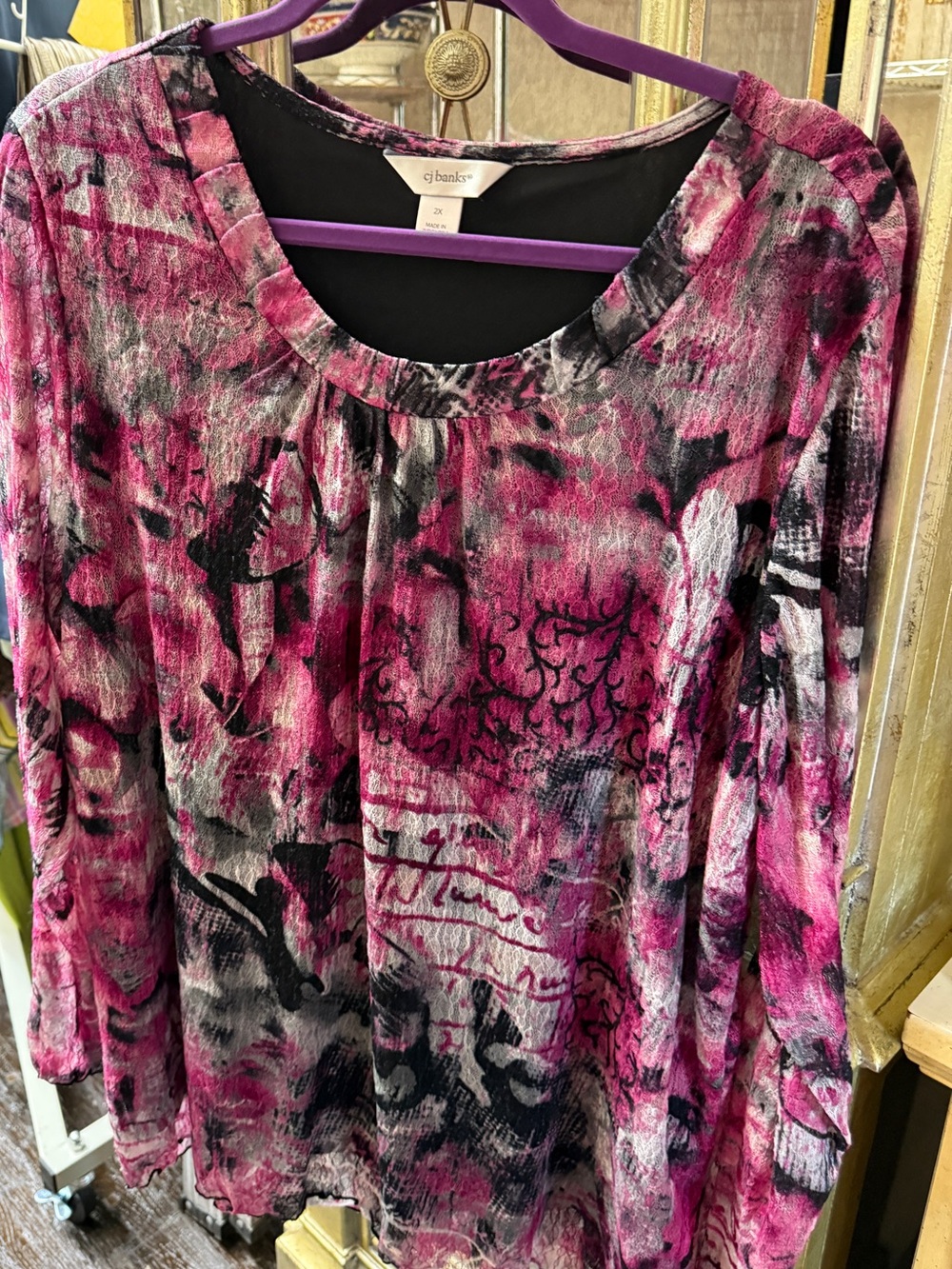 CJ Banks Pink Black Abstract Floral Scoop Neck Tunic Top